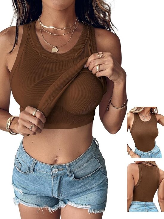 Tops - Women Built-in Bra Tank Tops Sleeveless Casual Shirts Racerback Ribbed Fitted